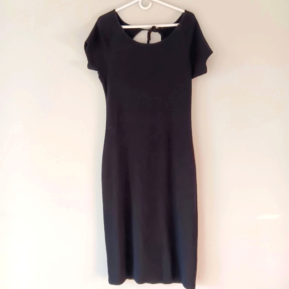J. Crew Ribbed Knit Short Sleeved Open Back Scoop Neck Black Midi Dress Large